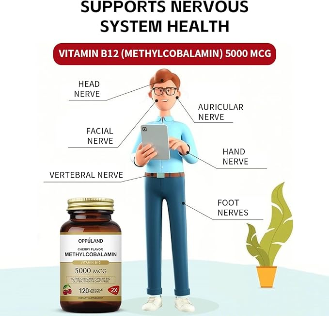 Methyl B-12 5000mcg Chewable with Folate - Vitamin B12 Methylcobalamin Sublingual Tablets - Supports Energy & Brain Function - Vegan Supplement - Cherry Flavor - 120 Count