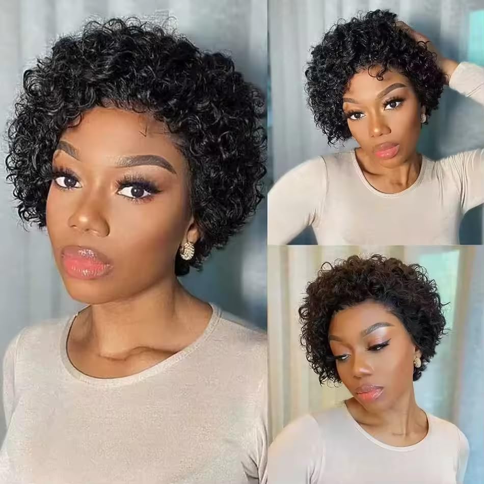 Short Curly Pixie Cut Wig Human Hair 5X5 Closure Glueless Wigs Human Hair Pre Plucked Pre Cut 8 Inch Brazilian Real Hair Pixie Wigs for Black Women Natural Color