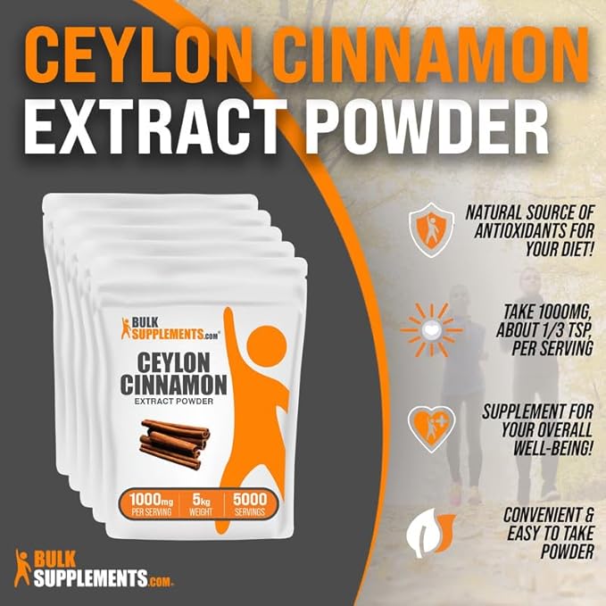 BulkSupplements.com Ceylon Cinnamon Extract Powder - Cinnamon Extract, Cinnamon Ceylon - Cinnamon Supplement, Pack of 1 - Gluten Free & Soy Free, 1000mg per Serving, 5kg (11 lbs)