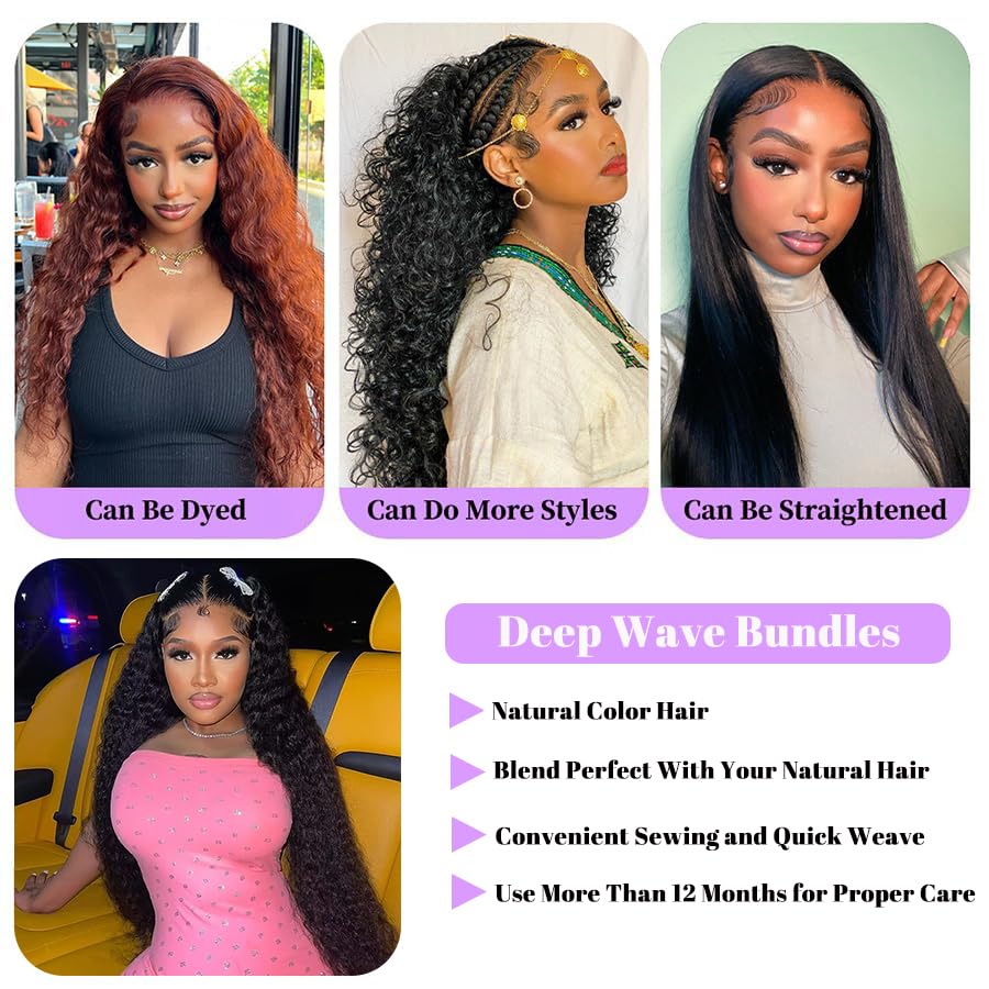 Deep Wave Human Hair Bundles, 20 22 24 Inch, 100% Unprocessed Brazilian Virgin Hair, 3 Bundles, Deep Curly, Black,Sew-In Installation, Wavy Style Keep Texture Silky Soft