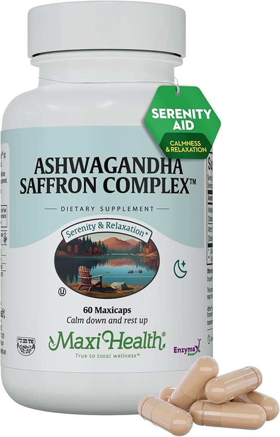 Maxi Health Ashwagandha Saffron Complex 600mg with 30mg Saffron Extract, Serenity and Relaxation, Calm and Mood Support - Vegetarian Non GMO Gluten Free Kosher Saffron Supplements, 60 Capsules