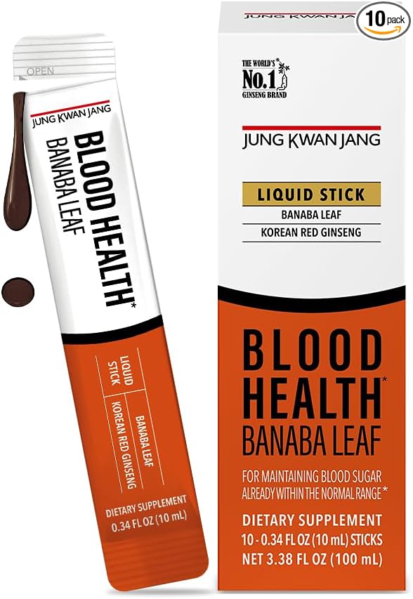JungKwanJang Blood Health Banaba Leaf Extract (100mg), Carob Pods, Korean Red Ginseng Everytime Extract Sticks for Circulation, Post Meal, Energy, 10 Count
