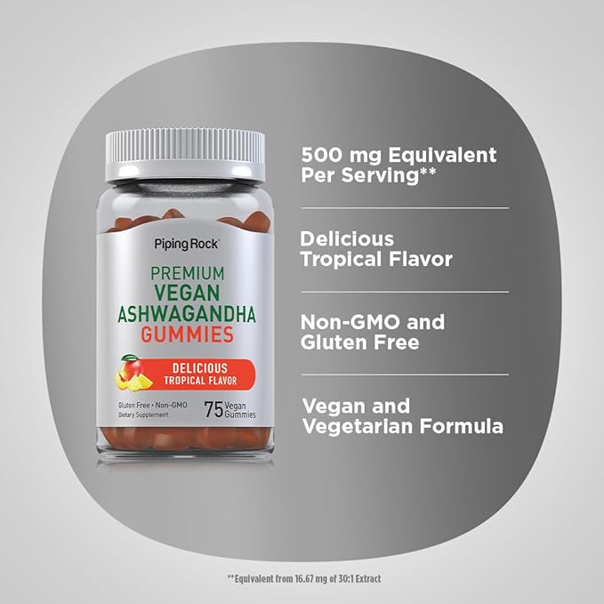 Piping Rock Ashwagandha Gummies Supplement | 75 Count | for Women and Men | Tropical Flavor | Vegan Formula | Non-GMO, Gluten Free