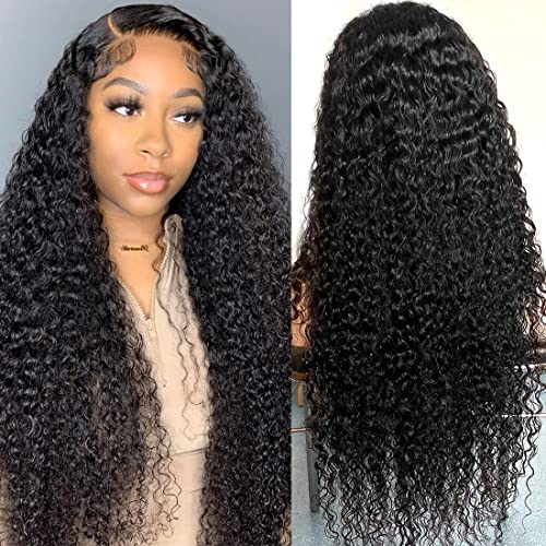 Deep Wave Lace Front Wigs Human Hair 13x4 HD Transparent Lace Frontal Curly Wigs for Women 180% Density Glueless Wigs Human Hair Pre Plucked with Baby Hair Natural Color (26 Inch)