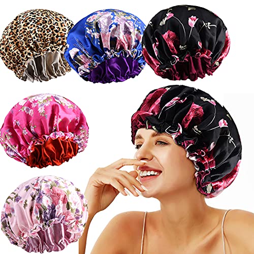 5pcs Satin Silk Hair Bonnet for Sleeping Women, Sleep Bonnets for Women, Silky Double Layer Adjustable Sleep Cap for Curly Hair Braids