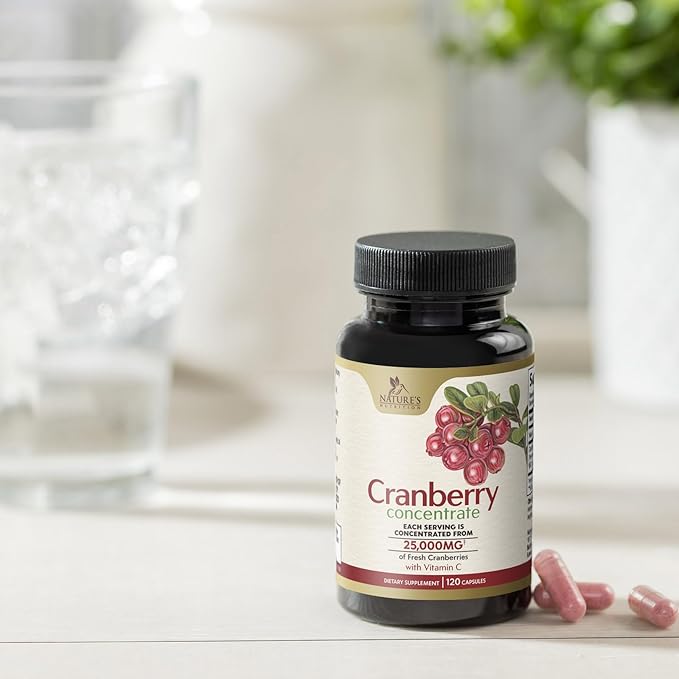Cranberry Concentrate Extract Supplement for Women & Men + Vitamin C - 25,000mg Formula for Urinary Tract Health Support, Non-GMO and Gluten Free, Cranberry Pills Supplement - 60 Capsules