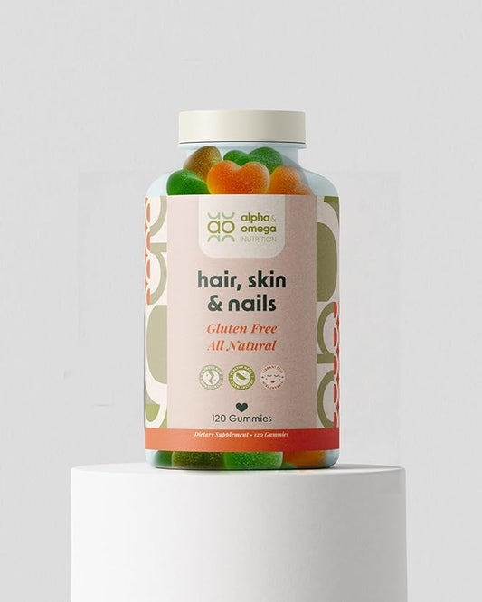 Alpha & Omega Nutrition Hair, Skin & Nails with Biotin, Vitamin Supplement, Lustrous Hair, Healthy Nails and Vibrant Skin for Women, 5000mcg, 120 Gummies, Gluten Free, All Natural, 2 Month Supply