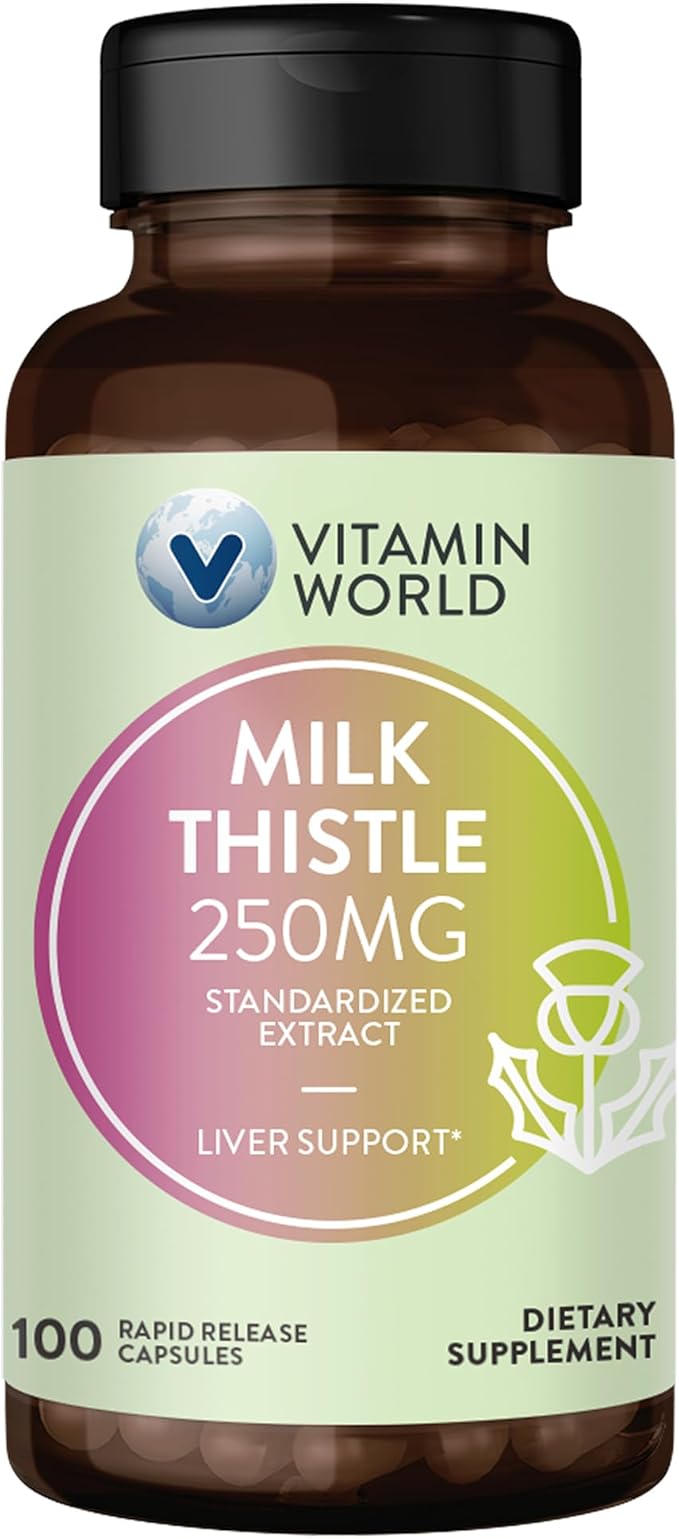 Vitamin World Milk Thistle (Silymarin) Standardized Extract 250mg 100 Capsules, St. Mary’s Thistle, Supports Liver Health, Antioxidant, Rapid-Release, Gluten Free