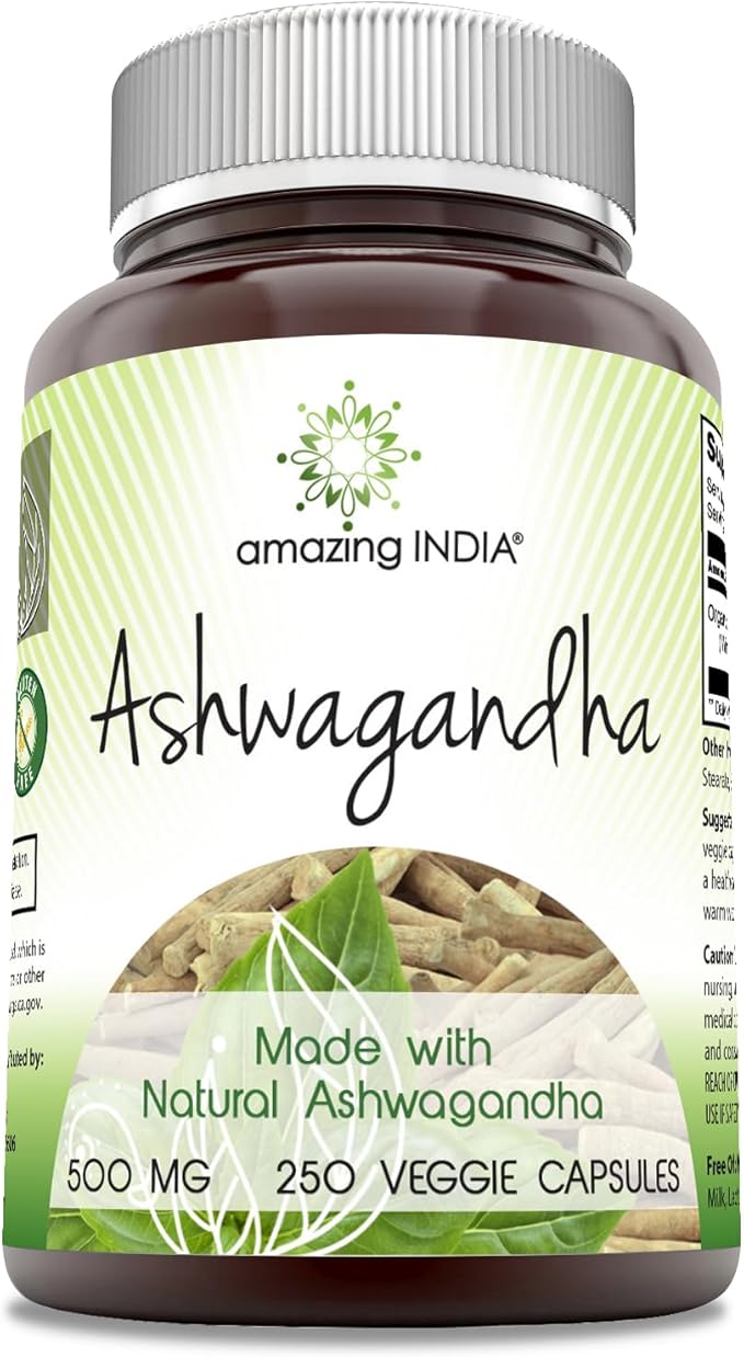 Amazing India Natural Ashwagandha | 500 Mg Per Serving | Veggie Capsules | Non-GMO | Gluten Free | Made in USA (250)