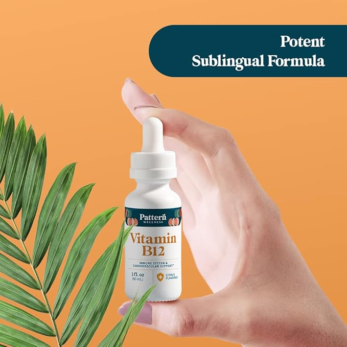 Pattern Wellness Vitamin B12 Supplement - Sublingual 5000 mcg Liquid Methylcobalamin Drops - Immune & Cardiovascular Support - Citrus Flavored Vegan Liquid Drops - 2 fl. oz (60 mL)