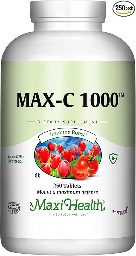 Maxi Health 1000 mg Vitamin C - 1000mg Tablets Ultra High Absorption Formula - Gluten Free Kosher Dietary Non GMO Supplement for Immune Support - Vitamin C Tablets from Ascorbic Acid, (250 Count)