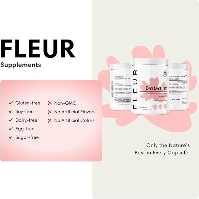FLEUR Berberine HCL with Organic Cinnamon, Bitter Melon & Green Tea Extract, Supports Heart, Digestive, and Immune System, Vitality Support for Men and Women, Non-GMO & Vegan, 120 Capsules