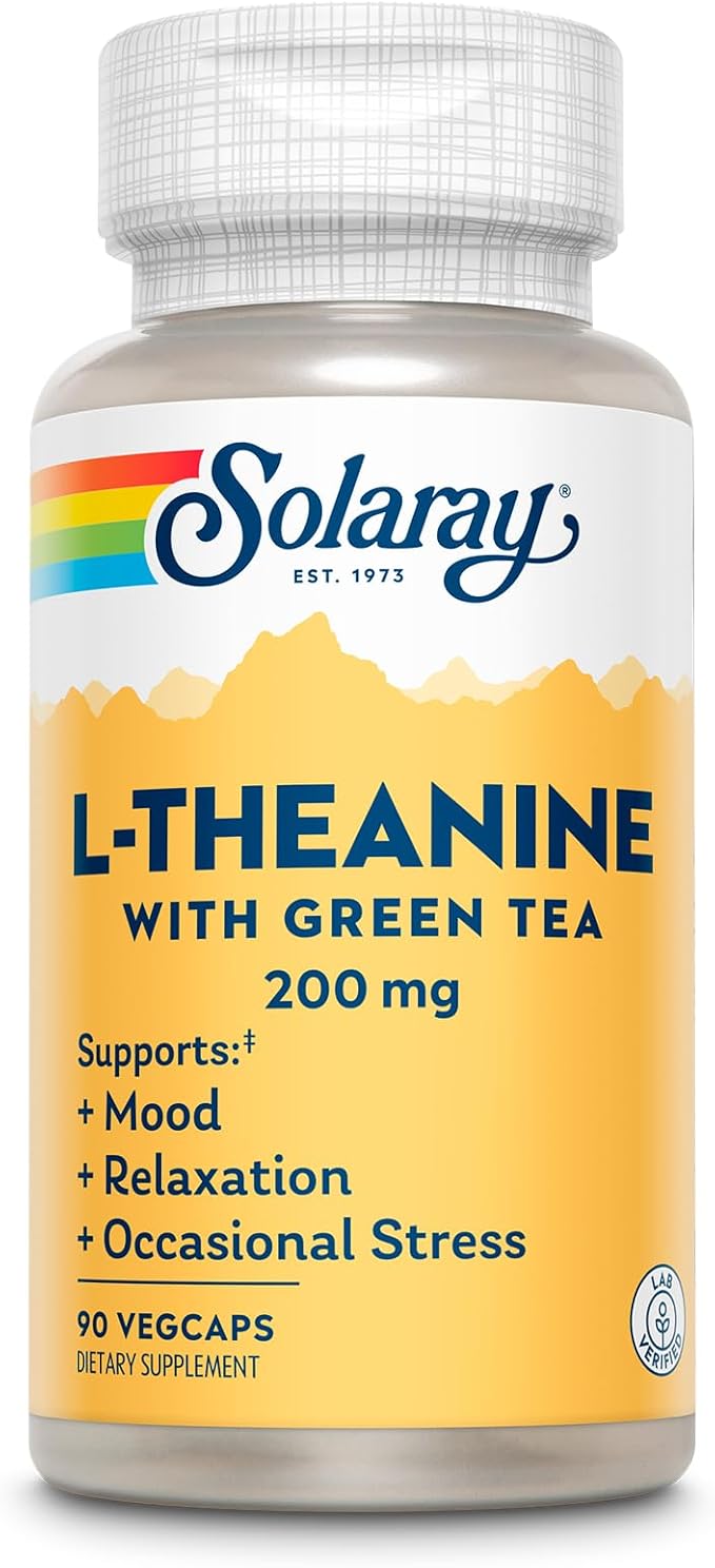 SOLARAY L-Theanine 200mg with Green Tea - Healthy Mood, Relaxation and Occasional Stress Support - Lab Verified, Vegan, Gluten Free - 90 Servings, 90 VegCaps
