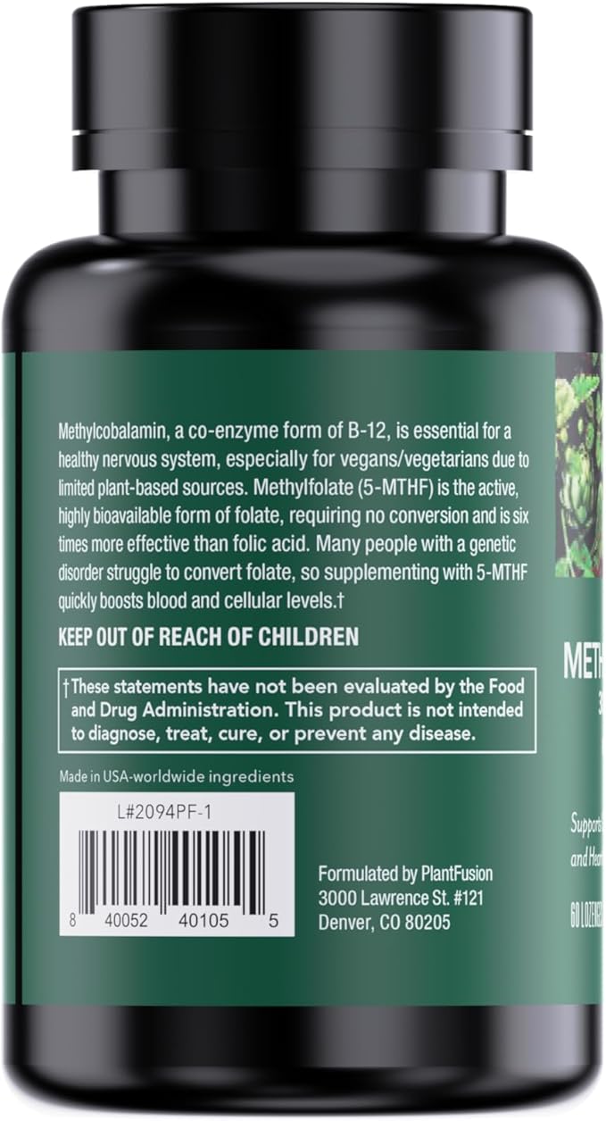 PlantFusion Methylated Vitamin B Complex – Vegan B12 3000mcg, Vegan Methylfolate (5-MTHF) 400mcg, B6 & TMG – Cherry-Flavored Lozenges – 60 Count