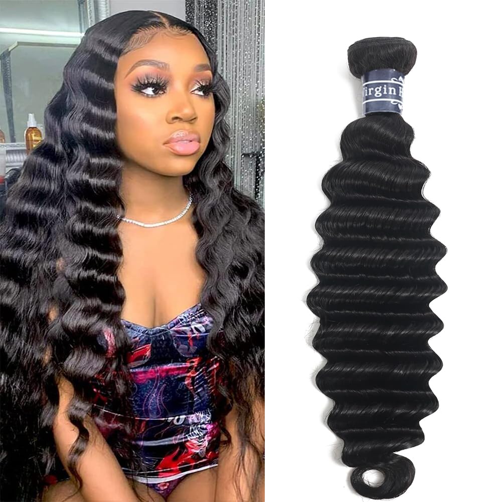 Amella Loose Deep Wave Bundles Human Hair One Bundle 100% Unprocessed Brazilian Virgin Human Hair Bundles Deep Wave Human Hair Bundles Hair Extensions Natural Color For Women 14 inch