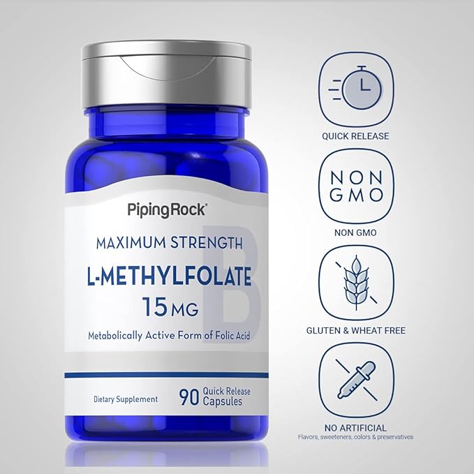 Piping Rock L Methylfolate 15 mg | 90 Capsules | Max Potency | Active Folic Acid Supplement | Non-GMO, Gluten Free