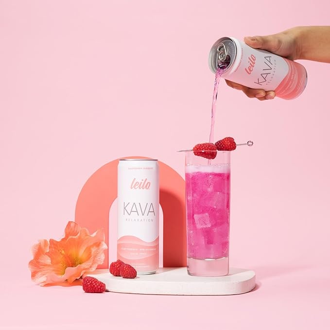 LEILO | Kava Powered Sparkling Relaxation Drink | Raspberry Hibiscus 12-Pack - Non-ALC Calming Beverage | 12 fl oz Cans (Pack of 12)