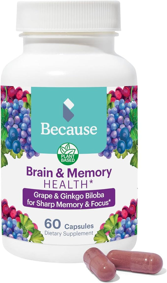 Because Brain Supplement for Memory & Focus - Proprietary Blend with Ginkgo Biloba - Supports Cognitive Function, Attention & Mental Clarity - Vegan, Gluten-Free, Non-GMO - 740mg Serving - 60 Capsules