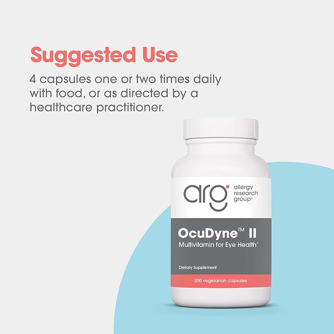 Allergy Research Group OcuDyne II Supplement - Eye Support Vitamins for Vision, Eye Health for Adults, Vision Support, Multivitamin Formula, QuatreActiv Folate, FloraGLO Lutein - 200 Count