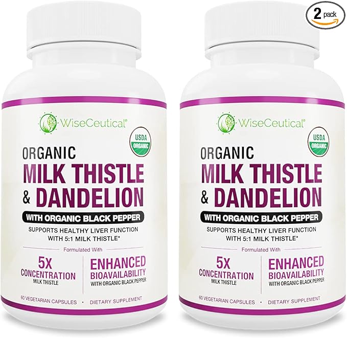 Max Absorption USDA Organic Milk Thistle Potent 5:1 Concentrated Extract (2000mg Strength) & Organic Dandelion Root | Silymarin Antioxidant Flavonoid | Liver Support Supplement (60 Count (Pack of 2))