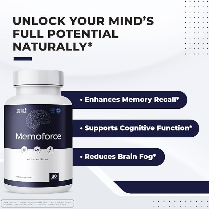 MemoForce - Natural Supplement with Ginkgo Biloba, Bacopa Monnieri for Brain & Memory Support | Non-GMO, Stimulant-Fre | Made in The USA, GMP-Certified | 30 Capsules - 3 Month Supply