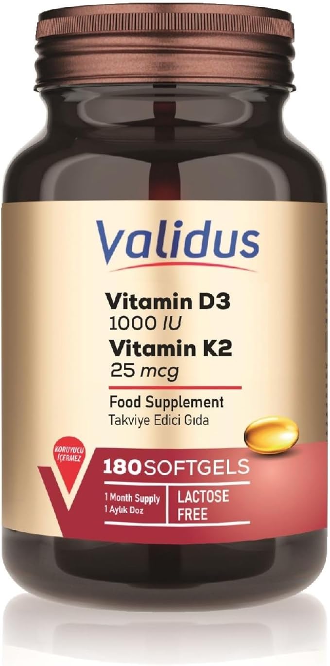 Validus Premium Formula Vitamin D3 + K2 Supplement High Potency 1000 IU D3 & 25mcg K2 - Supports Bone Health, Heart Health, Immune System, Enhanced Calcium Absorption - Non-GMO, Gluten-Free (180)