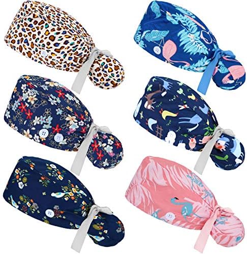 Honoson 6 Pcs Scrub Caps Women Nursing Hats with Buttons Adjustable Bouffant Nurse Hats Ponytail Holder Bouffant Turban