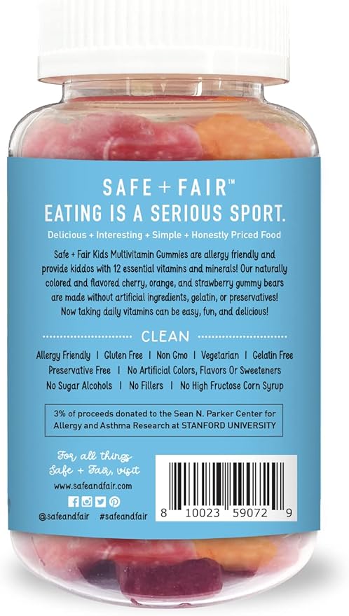 Safe + Fair Kids Multivitamin Gummies, Chewable Vitamins with Vitamin D and Vitamin A for Daily Nutrition, Assorted Flavors, 30 or 60 Servings