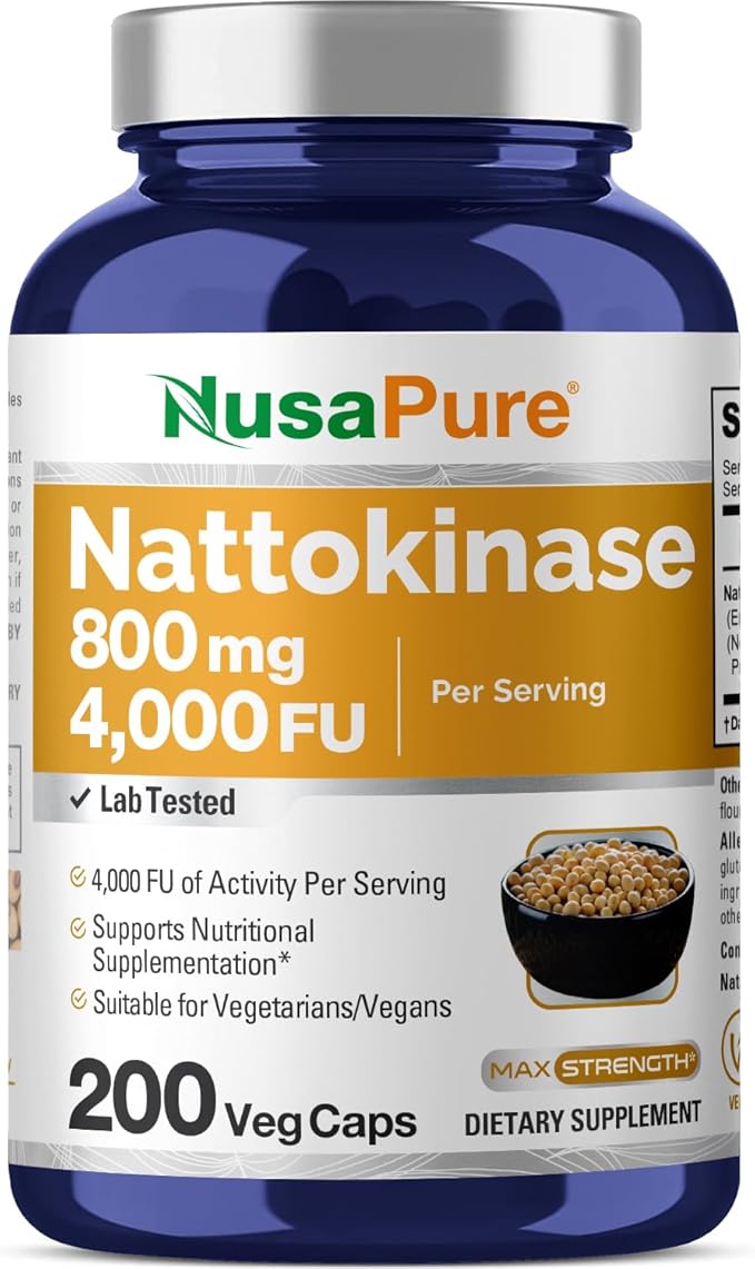 NusaPure Nattokinase 4000 FU 800mg, 200 Veggie Capsules (Vegan, Non-GMO)