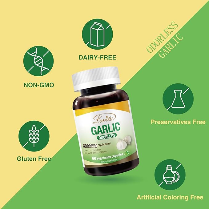 Lovita Odorless Garlic Extract | 50 mg, 100:1 High Concentrate | 1.25% Allicin | Gluten-Free | Support Immune & Cardiovascular Health | 60 Vegan Capsules (Pack of 3)