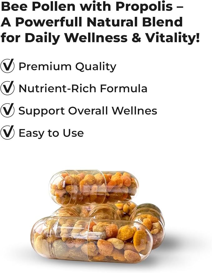 Bee Pollen Capsules with Propolis – Organic Supplement for Energy, Vitality, Wellness, Rich in Vitamins, Immune Support & Nutrient Boost for Men & Women, 100% Pure & Natural for Breast Growth