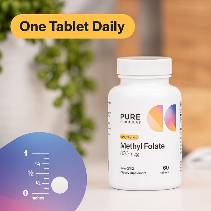 PureFormulas Methylfolate 800 mcg, Active B-9 Folate for Cardiovascular & Nerve Health, 5-mthf, Methyl Folate Supplement, Methylated Vitamins, Methylfolate Supplement for Women & Men 60 Tablets