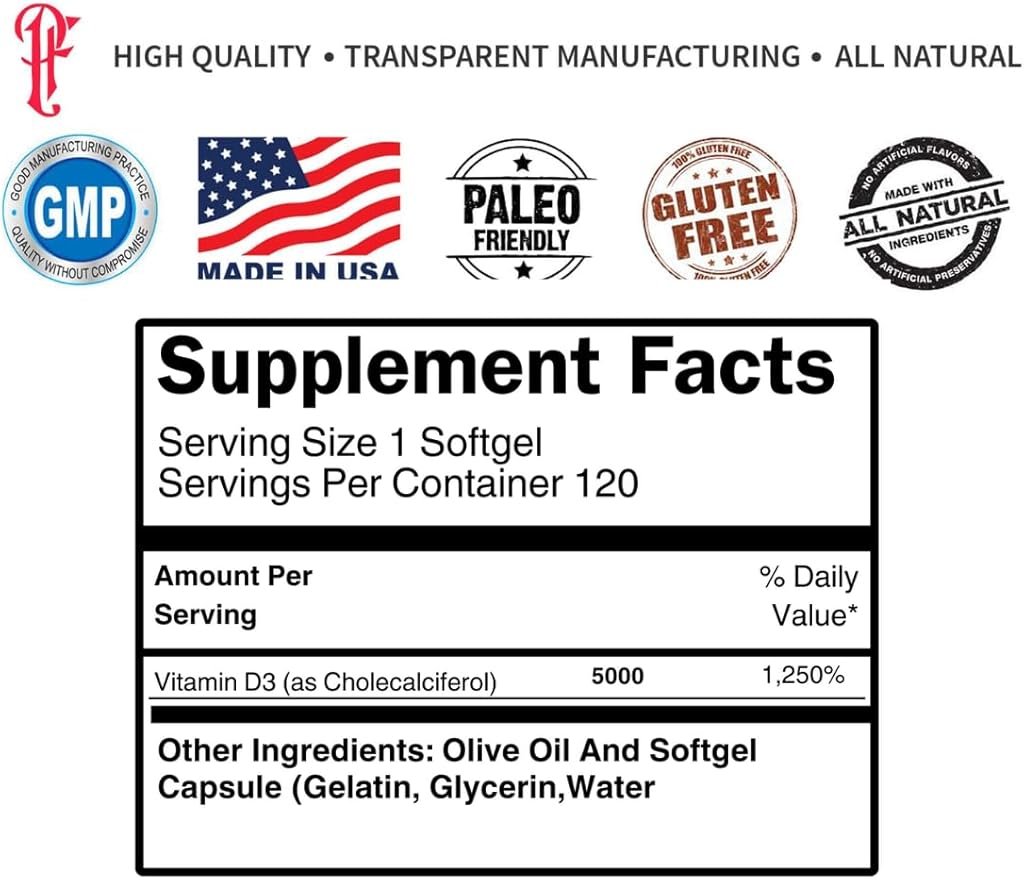 Physique Formula Vitamin D3 5000 IU (125 mcg) in Olive Oil All Natural Non-GMO Vitamin D3 Softgels to Support Muscle, Bone,& Immune System Health