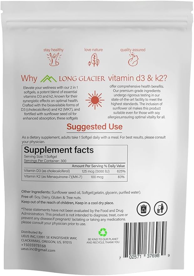D3 5000 IU with K2 100 mcg, 300 SoftGels | D3 + K2 Supplement to Support Immune, Heart, Joint, Teeth and Bone Health | 300 Day Supply, Easy to Swallow