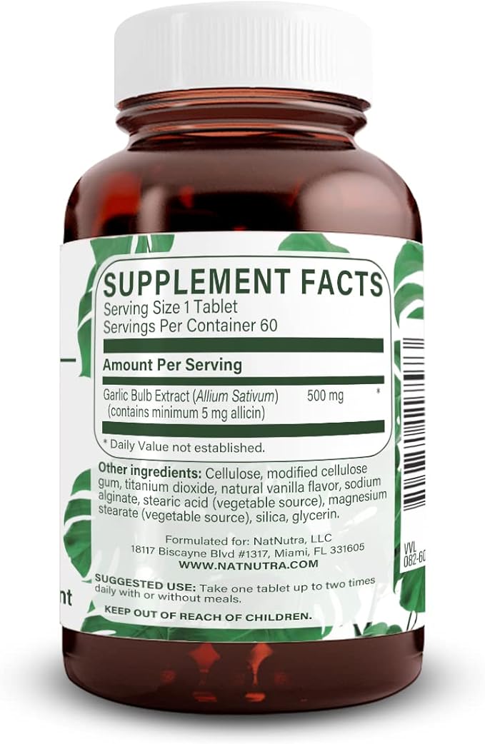 Natural Nutra High Allicin Garlic Supplement, Supports Immune System, Improve Heart Health, Improve Enzymes Health, Better Digestion, Fights Cold and Flu, Vanilla Coating, 500mg, 60 Vegan Tablets