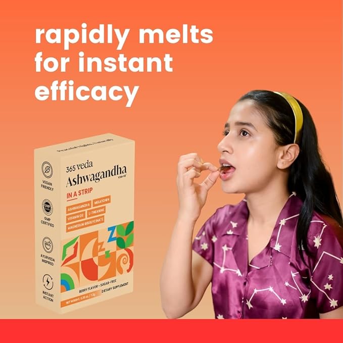 Ashwagandha Oral Strips 100 mg KSM 66 Ashwagandha, L-Theanine, Melatonin, Vitamin D2 and Magnesium, Vegan Strips for Men and Women, Sugar-Free, Non-GMO, 30 Oral Strips (Berry)