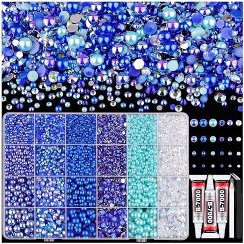 9000PCS Flatback Pearls and Rhinestones for Crafting, Dark Blue 3-10mm Resin Rhinestones and Half Pearls for Bedazzling, Nail Art and Dec with 3pcs B7000 Jewelry Glue, Tweezer and Pickup Pencil
