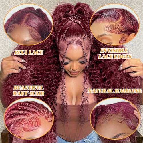 99j Burgundy Lace Front Wigs Human Hair 28 Inch Deep Wave Lace Front Wigs Human Hair Pre Plucked Red Curly Human Hair Wig 13x4 HD Colored Frontal Glueless Wet and Wavy Loose Deep Wave