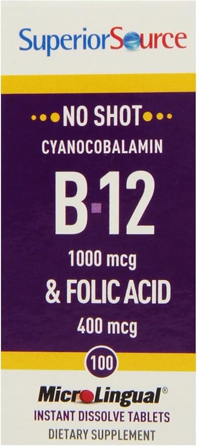 Superior Source No Shot Vitamin B-12 Cyanocobalamin 1000 mcg & Folic Acid 400 mcg - Offers Energy, Heart, Brain, & Stress Support - 100 Sublingual Dissolving Tablets