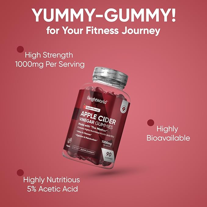 WeightWorld Apple Cider Vinegar Gummies with The Mother 1000mg - 90 Gummies - Added Vitamin B6, B12, B9 (Folic Acid) & C for Detox, Cleanse, Digestion & Metabolism - Delicious Natural Apple Flavor
