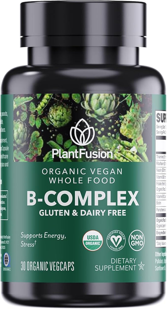 PlantFusion Organic Vitamin B-Complex, Vegan Whole Food Supplement for Energy & Metabolism, Methylated B12, Guava, Lemon & Basil, Non-GMO, Gluten-Free - 30 Capsules