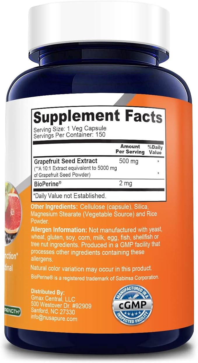 NusaPure Grapefruit Extract 5,000 mg per Capsule (Extract 10:1) Bioperine 150 Veggie caps (Vegan, Gluten Free, Non-GMO)