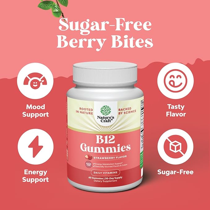 Vitamin B12 Gummies for Adults - Sugar Free Vitamin B12 1000 mcg Chewable Gums for Energy & Mood Support, Immune & Nerves Health - Kosher Non-GMO & Gluten Free Supplement for Women & Men - 60 Count