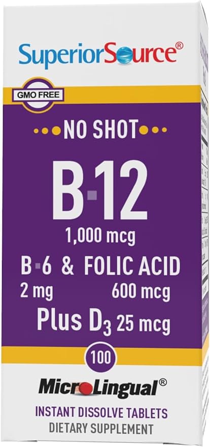 Superior Source No Shot Vitamin B-12 Cyanocobalamin 1000 mcg, B-6, Folic Acid & Vitamin D-3 1000 IU - Supports Energy, Brain, Heart, & Bone Health - 100 Sublingual Dissolving Tablets