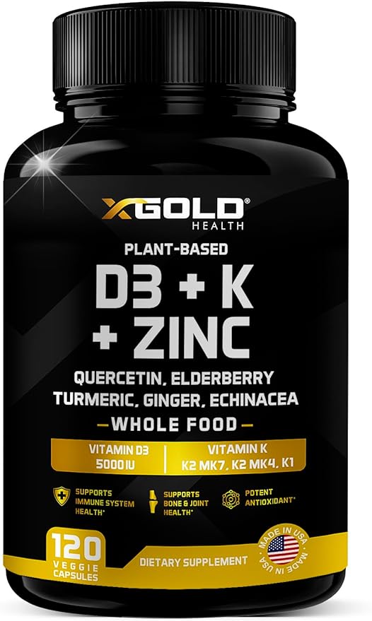 Vitamin D, K2, K1, Zinc, Quercetin, Elderberry, Turmeric, Ginger & Echinacea Whole Food Supplement 8 in 1- D3 5000 IU Plant-Based from Lichen, Vitamin K (K2 MK7, MK4, K1), D3 K2 Vitamins -120 Capsules