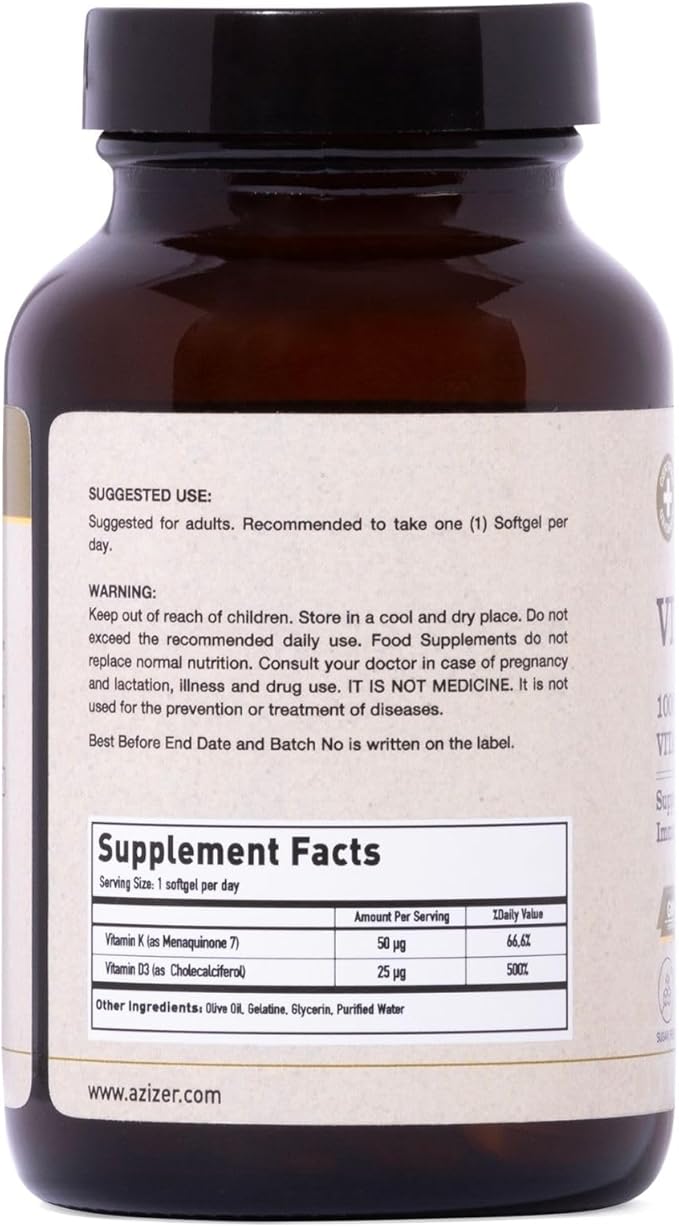 U-MORE - 1000 IU High Strength Vitamin D3 & Vitamin K2 (Menaquinone 7) - Sugar, Gluten, GMO Free, Supports Bone Health & Immune Function, Daily Supplement for Strong Bones & Immunity - 60 Softgels