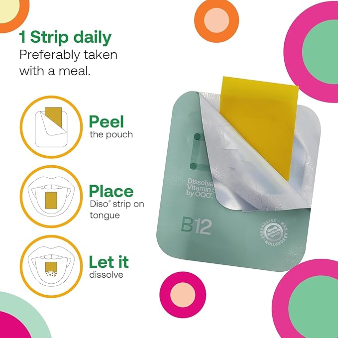 DISO - Vitamin B12 - Dissolvable Oral Strips, for Tiredness and Fatigue, Orange Mint Flavor, Vegan, Sugar Free, Maximum Absorption, Gluten Free, Individually Wrapped, 30 Count