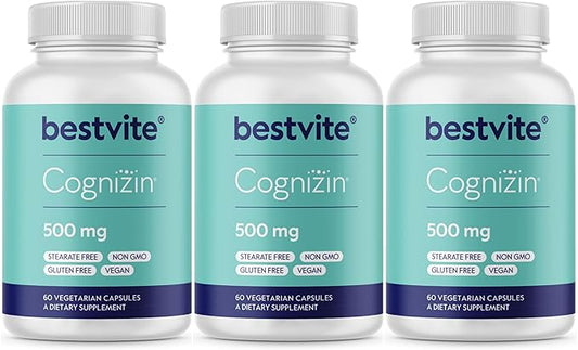 BESTVITE Cognizin 500mg (180 Vegetarian Capsules) (60x3) - Clinically Studied Premium Choline Nootropic - No Stearates - Vegan - Non GMO - Gluten Free - Brain Supplements for Memory and Focus