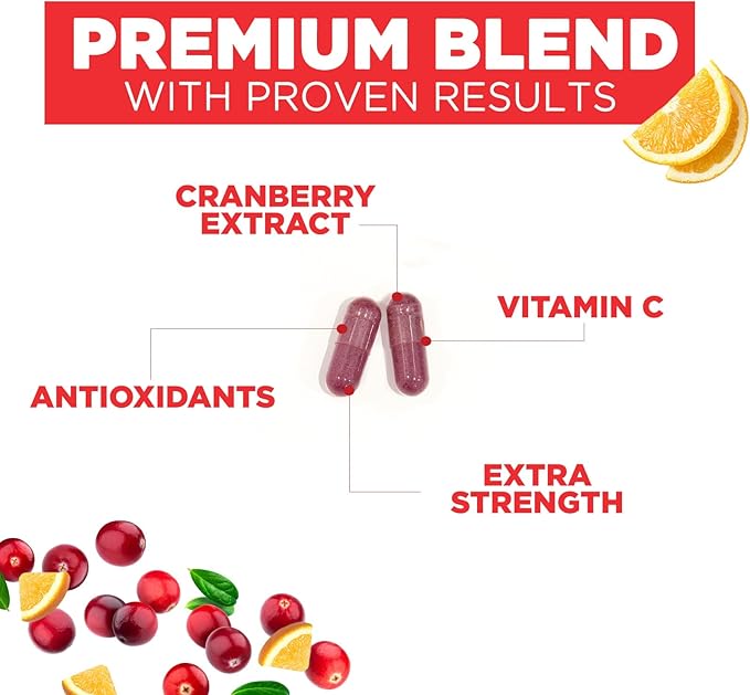 Cranberry Supplement Pills + Vitamin C - Made with 25,000mg Cranberry Concentrate Whole Fruit Extract to Help Cleanse & Support Urinary Tract Health, Sugar Free for Women & Men, Non-GMO, 60 Capsules