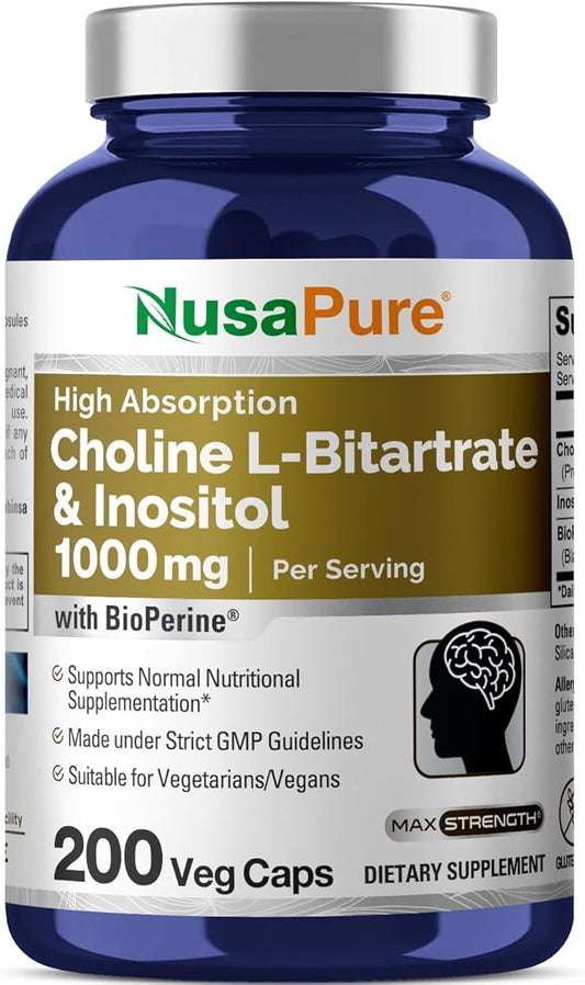 NusaPure Choline & Inositol 1000mg - 200 Veggie Caps (100% Vegetarian, Non-GMO) Bioperine